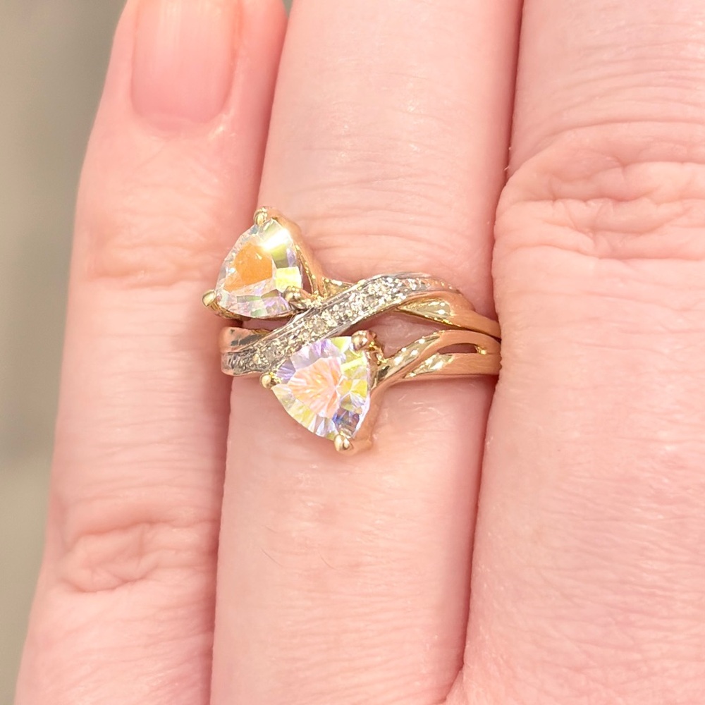 14K Titanium Quartz Diamond Ring Double Trillion Cut Aurora Iridescent 6.25 - Picture 7 of 15